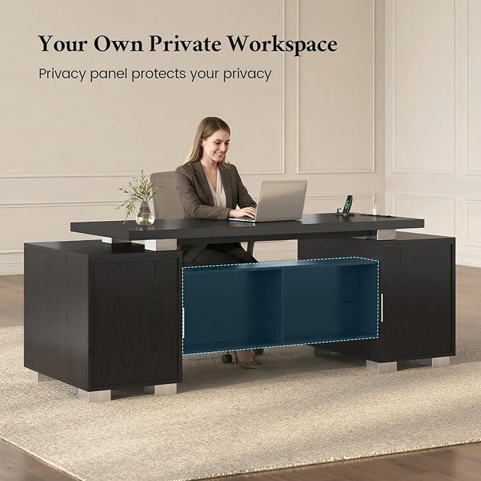 80.6 Executive Desk with Power Outlet and File Drawer Modern Home Office Desk with 3 Large Cabinets and Privacy Panel Business Furniture for Home Office Living Room Black