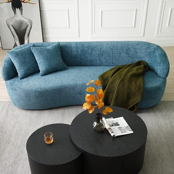 Curved Sofa Couch 86.6 3-Seater Modern Boucle Sectional Sofa Couch Comfy Cloud Upholstered 3 Seat Leisure Cushion Sofa with Pillows for Living Room Bedroom Office ApartmentNavy Blue