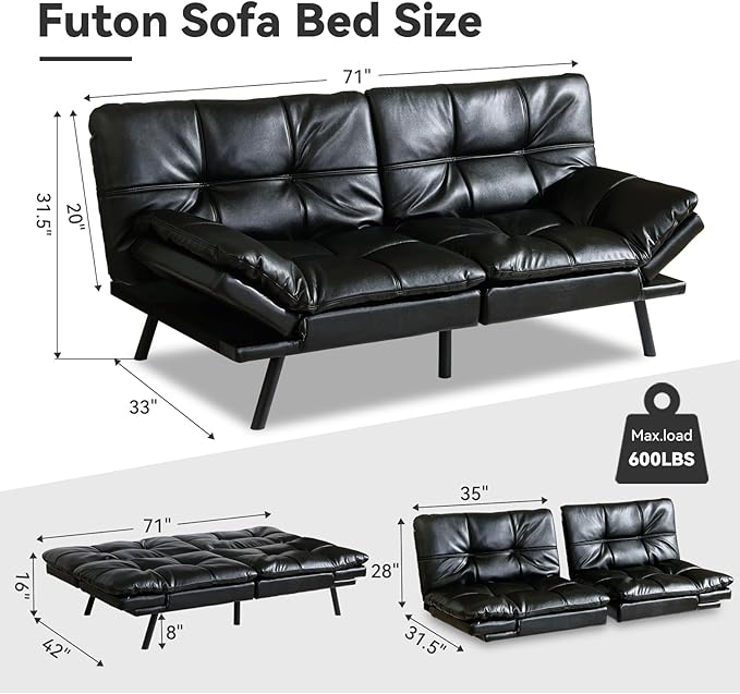 Black Faux Leather Futon Sofa Bed Memory Foam Futon Couch with Convertible Backrests &amp Armrests Small Splitback Loveseat Sofa for Living Room Home Office Apartment