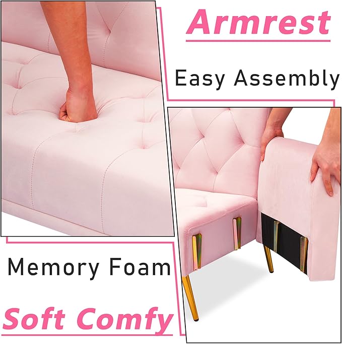 71 Pink Futon Sofa Bed Couch: Velvet Fabric Memory Foam 2 Pillows Gold Metal Feet Adjustable Tufted Backrest Convertible Folding Sleeper Loveseat for Living Room Bedroom Apartment (Pink)
