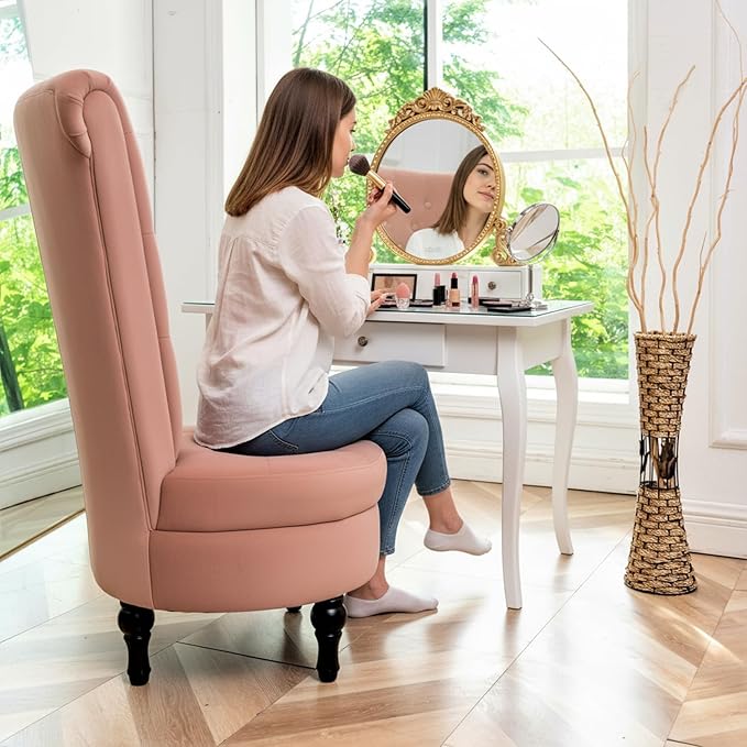 Royal High-Back Velvet Accent Chair for Vanity with Storage and Luxurious Upholstery Retro Design and Versatile Usage for Living Room Bedroom Lounge and Office Rose