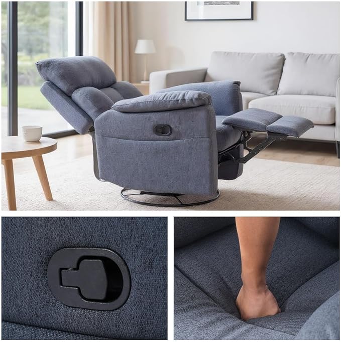 Oversized Rocker Recliner Chair Manual Swivel Rocking Recliners with Adjustable Backrest Footrest for Adults 360° Swivel Lazy Boy Recliner Chairs for Living Room Reading Bedroom Blue