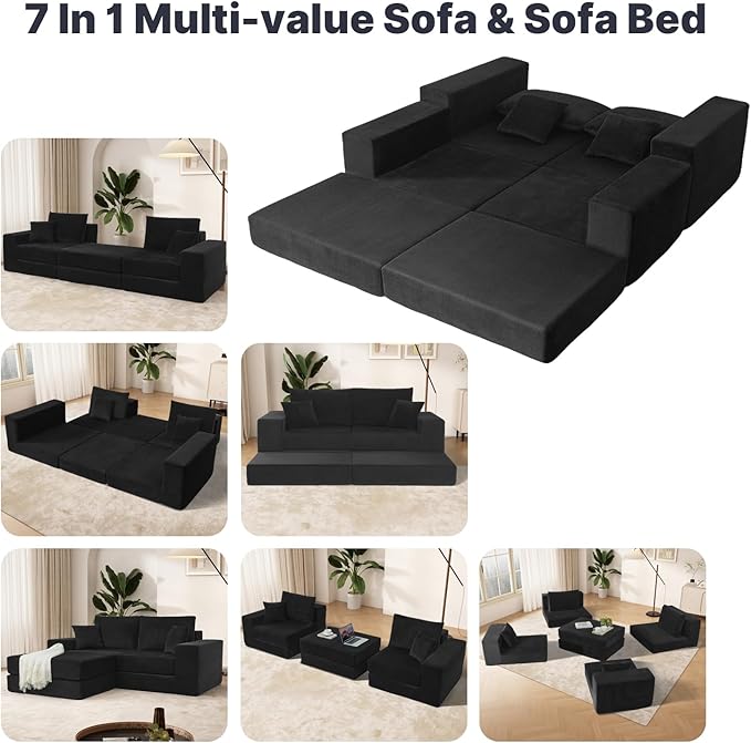 79.5 Sectional Boneless Modular L-shaped Couches for Living Room Small Spaces Convertible Oversized Sleeper Sofa Bed-Luxury 1.5 Full Bed. Corduroy Futon Floor Couch with Non-Slip Base Black.