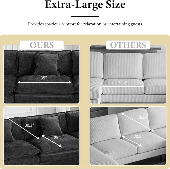 117.3” Black Modular Sectional Sofa 3 Seater Large Sectional Couches for Living Room Chenille Fabric Oversized Cloud Couch with Ottoman Deep Seat Wide Armrest Home Sofas Set Sofá Moderno