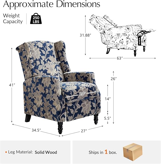 Mid Century Modern Wingback Recliner Chair Upholstered Push Back Recliner Sofa Lounge Armchair for Living Room Home Theater Accent Chairs Recliners Couches