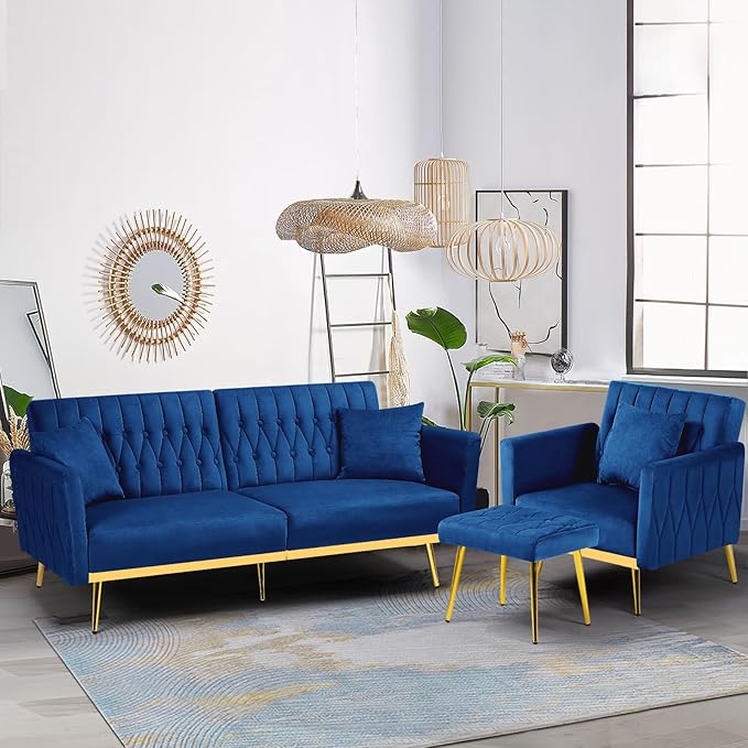 2 Pieces Velvet Futon Sofa Set with Adjustable Backrests and Armrests 70” Convertible Sofa Bed &amp Tufted Accent Chair with Ottoman for Living Room Blue