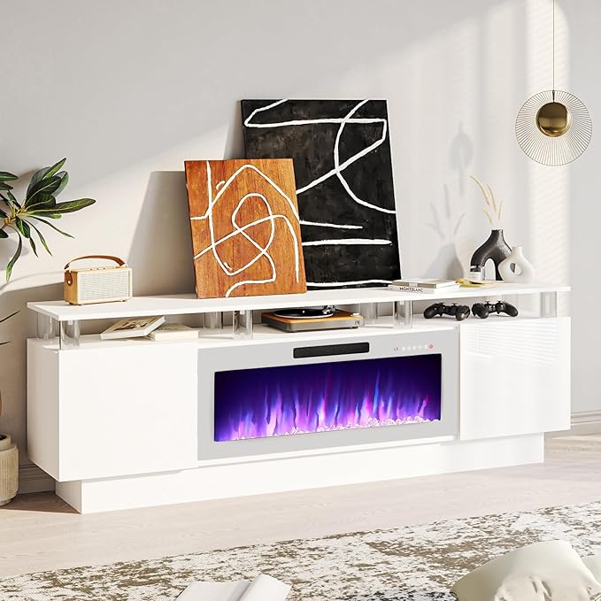 70 Modern Fireplace TV Stand with 36 Electric Fireplace for TVs Up to 80 inch Luxury LED Light Entertainment Center with High Gloss Cabinet (White with White Fireplace 70 (8 Acrylic Posts))