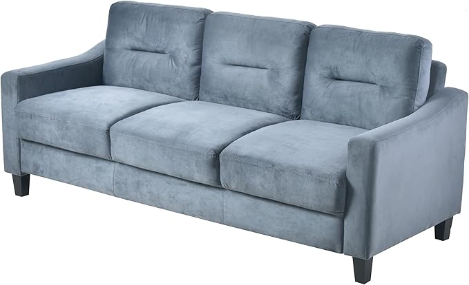 Velvet Upholstered 3 Seats SofaMordern Couch with Tufted Strip Back Cushion for LivingroomApartmentOffice Blue Grey