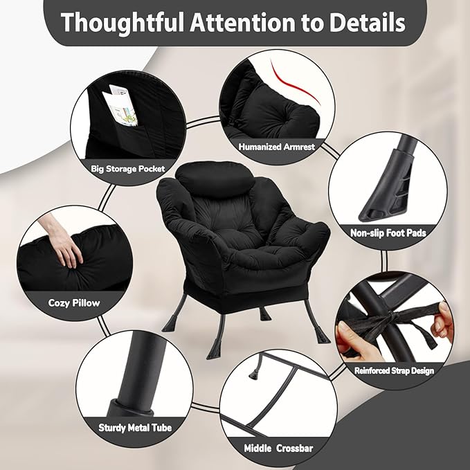 Lazy Chair Thick Padded Comfy Velvet Accent Lounge Chair with Stable Frame Leisure Sofa Armchair with Armrests and Side Pocket Reading Chair for Bedroom Living Room Office Black
