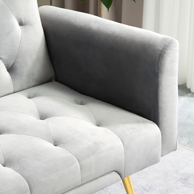 Anwick Modern Velvet Sofa Bed Futon with 2 Pillows2-in 1 Convertible Sleeper Couch BedFolding Recliner Loveseat with Golden Metal Legs for Living Room Apartment Office (Grey)