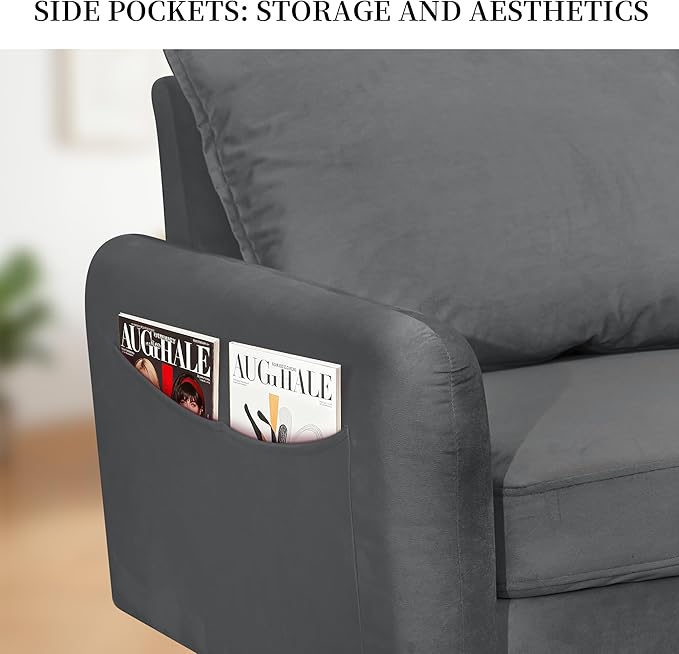 56.1 Round Arm Velvet Loveseat with Side Pockets and a Square Pillow (Grey) | Side Storage Pockets Pillow Included