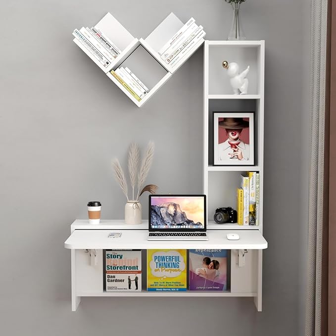 Folding Wall Mounted Drop Leaf Table Foldable Desk with Moveable Cabinets Floating Laptop with Convertible Storage Shelves Multifunctional Computer Workstation in Home for Space Saving