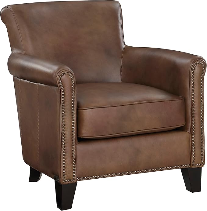 Lexicon 100% Top Grain Genuine Leather Chair Leather Accent Chairs for Living Room Solid Wood Frame Rolled Armrest &amp Nailhead Trim Comfy Reading for Bedroom Office Waiting Room Classic Brow
