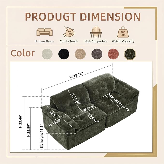 157 Cloud Sectional Couch Deep Seat Boneless Sofa for Living Room with U-Shaped Chaise Comfy Chenille Modular Sofa No Assembly Required (Emerald 79” Loveseat)