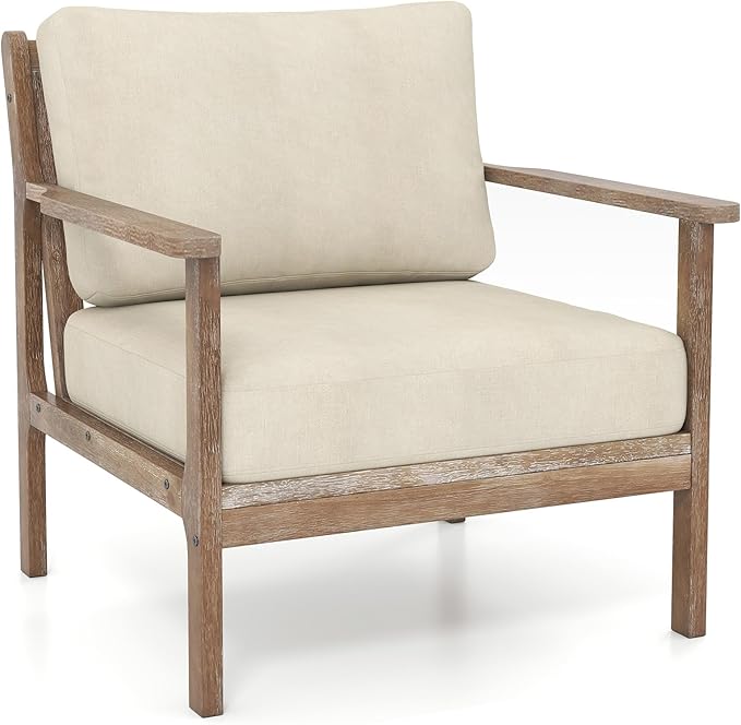 GOFLAME Mid-Century Modern Accent Chair Upholstered Armchair with Solid Wood Frame Linen Fabric Comfy Reading Chair Farmhouse Leisure Chair for Living Room Bedroom Sunroom Hosting Room