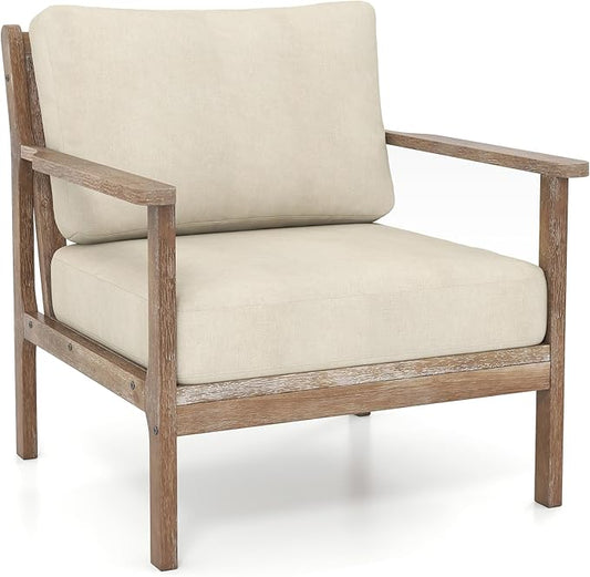 GOFLAME Mid-Century Modern Accent Chair Upholstered Armchair with Solid Wood Frame Linen Fabric Comfy Reading Chair Farmhouse Leisure Chair for Living Room Bedroom Sunroom Hosting Room
