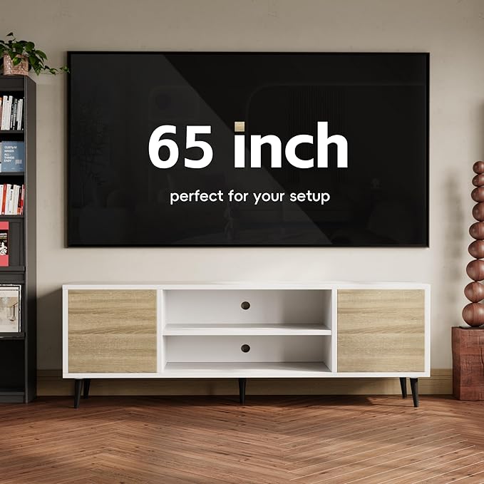 YESHOMY Modern TV Stand for 65 Inch TV 58 Entertainment Center with Storage Cabinets Media Console for Living Room &amp Apartment Minimalist Retro TV Cabinet Bright White