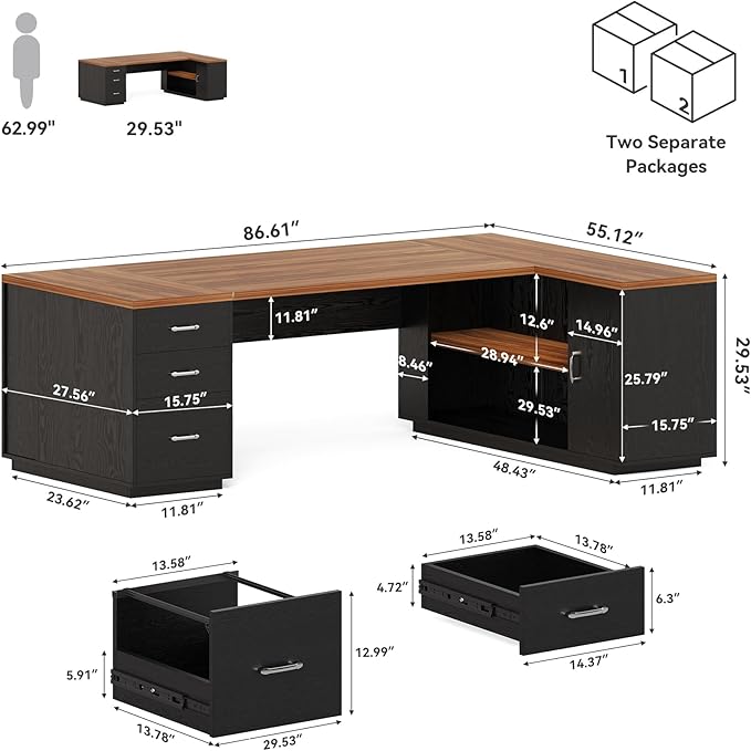 LITTLE TREE 87-Inch Modern Executive Desk with File Cabinet Large Home Office Desk with Drawers 3-Drawer Wooden File Cabinet Spacious Workstation for Home Office (Brown &amp Black)