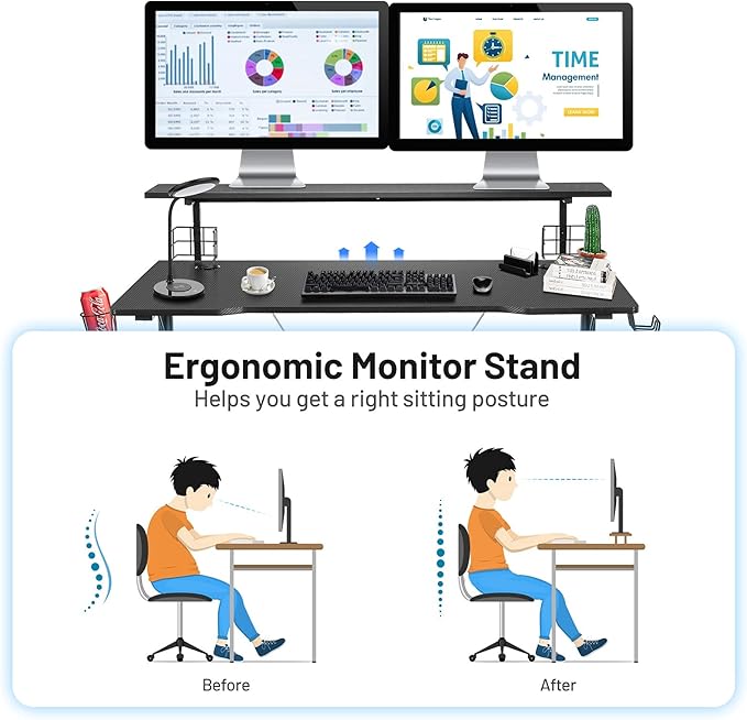 POWERSTONE Ergonomic Computer Gaming Desk Workstation Two Tier Work Writing Table for Home Office with Storage for Monitor Headphone Controller and Speaker Black