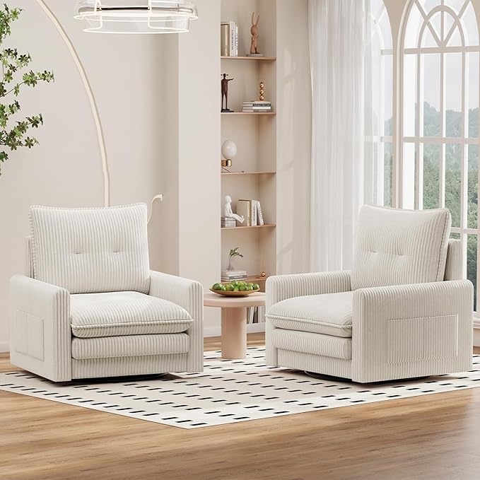 Cozy Swivel Accent Chair Modern Oversized Single Sofa with Armrest Comfy Upholstered Armchair Sofa Large Corduroy Accent Chair for Living Room Bedroom Reading Room Cream Beige
