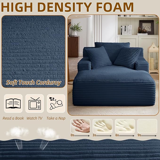 Oversized Chaise Lounge Chair Indoor Bedroom Comfy Corduroy Upholstered Sofa Bed Chair Deep Seat Single Sofa Couch No Assembly Required Sleeper Chair Couch for Living Room (Dark Blue)