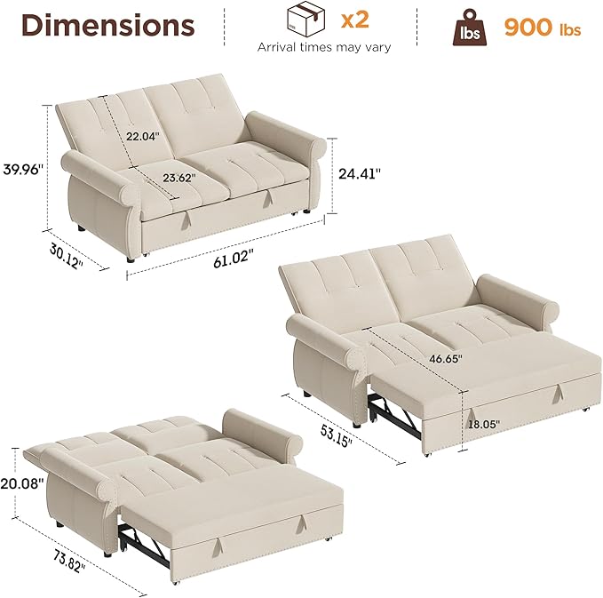 3 in 1 Sofa Bed 61 Inch Convertible Pull out Couch with Four Pillows Loveseat Sleeper Sofa with Adjustable Backrest Sofa Couches for Living Room Bedroom Apartment Chenille Fabric Beige