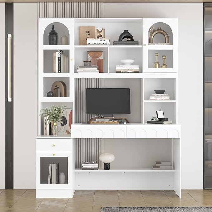 ECACAD Large Computer Desk with 79.1 Tall Bookshelf 62.4 L Corner Computer Desk with Glass Doors and Carved Arched Patterns Home Office Desk with 3 Drawers &amp 12 Shelves White