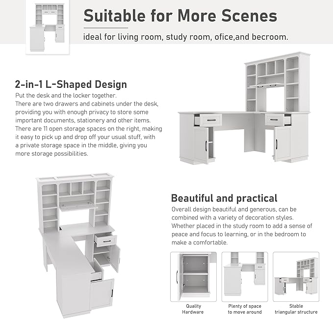 Bellemave L-Shaped Computer Desk with 2 Cabinets and 2 Drawers Home Office Desk with 11 Open Shelves and 1 Right Flip Shelf Corner Desk for Study Living Room and Office (Off White