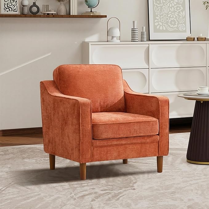 Kingfun Accent Chair Living Room Chairs Mid Century Reading Armchair Chenille with Solid Wood Foot Upholstered Modern Decor for Bedroom Apartment Orange