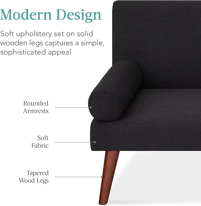 Best Choice Products Mid-Century Modern Upholstered Futon Convertible Folding Sofa Bed Small Couch w/Rounded Armrests 2 Cupholders - Black