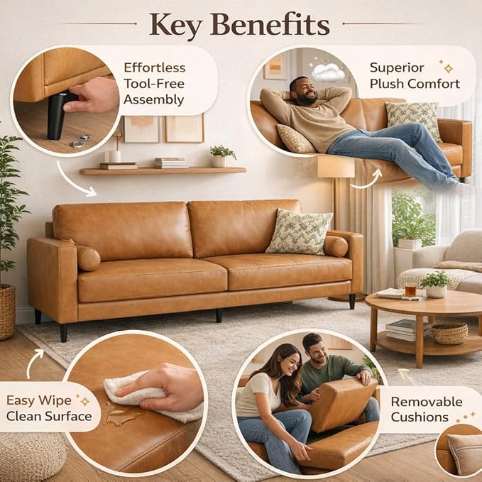 Naomi Home Marisa - Genuine Cowhide Leather Sofa - Mid-Century Modern Apartment 3-Seater Couch - Plush Foam Comfort &amp Sturdy Wood Frame