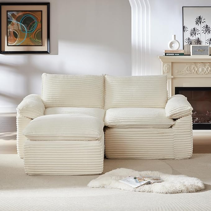 80 Cloud Sectional Couch with L-Shaped Chaise Corduroy Sectional Sofa with Ottoman Boneless Couch with Deep Seat in a Box for Living Room No Assembly Required (White)