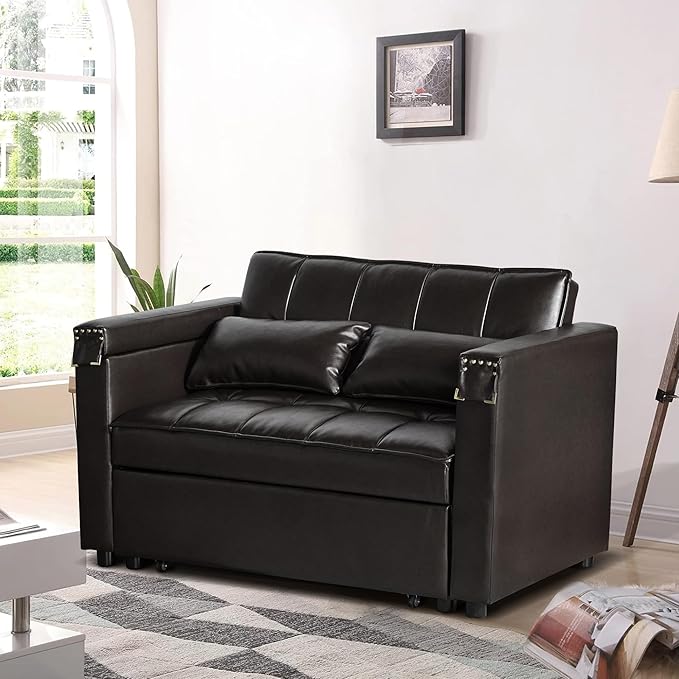 LEVNARY PU Leather Small Convertible Sleeper Sofa 3 in 1 Multi-Functional Pull Out Sofa Bed Upholstered Couch Loveseat Guest Bed with Hidden Table and Adjustable Backrest for Living Room (Black)