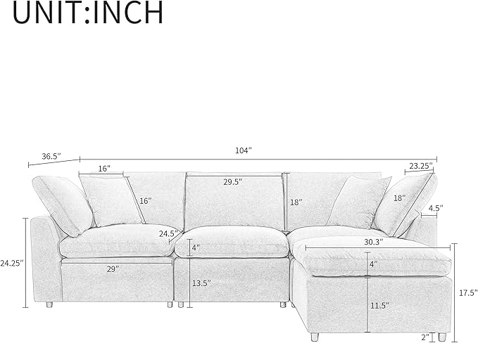 kevinplus 104 Sectional Sofa Couch Cloud Sofa Couch Dupes with Feather Filled for Living Room L-Shaped 3-Seat Sofa Couch for Apartment Washable Cushion Cover &amp Convertible Ottoman Light Gray