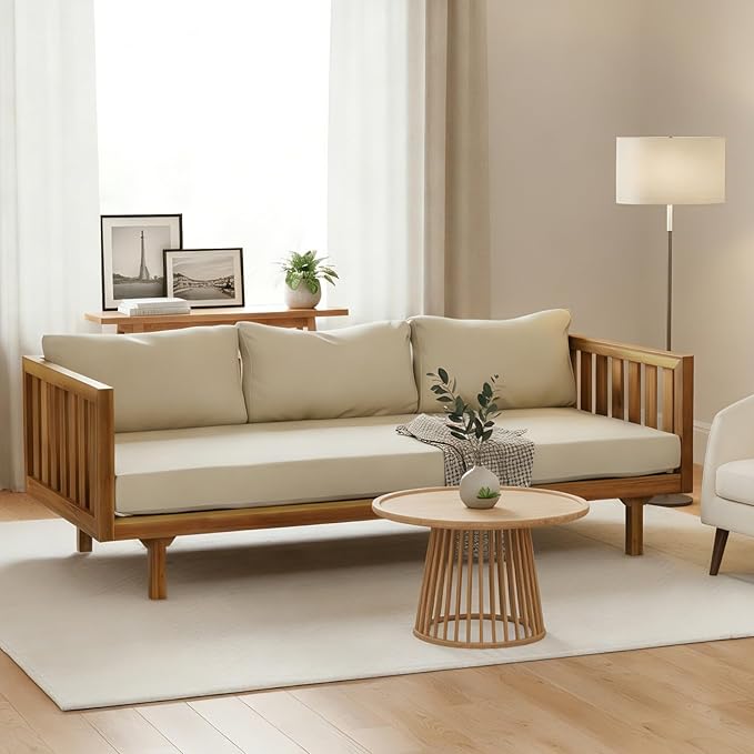 Merax Solid Acacia Wood Couch Chaise Lounge Chair Indoor 3 Seater Daybed Sofa Couches with Cushions &amp Pillow Heavy Frame Day Bed for Living Room Office Outdoor Balcony Patio Water Resistant