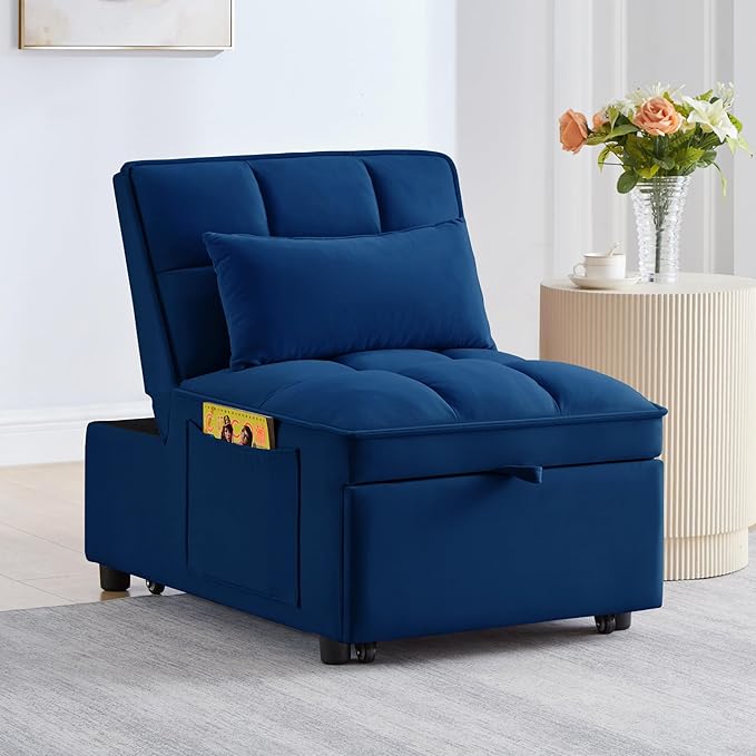 4 in1 Multi-Function Single Sofa Bed with Storage PocketsTufted Single Pull-Out Sofa Bed with Adjustable Backrest and PillowsConvertible Chaise Loungefor Small Room Apartment (Navy)
