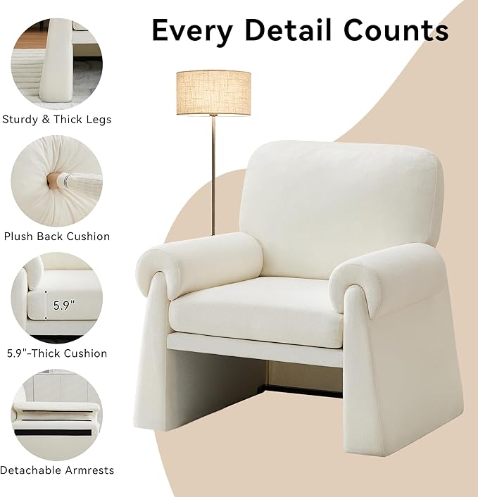 Oversized Accent Chair Comfy Living Room Chairs Single Sofa Chair with Thick Cushion and Armrests Upholstered Arm Chair for Living Room Modern Armchair Reading Chair for Bedroom Beige