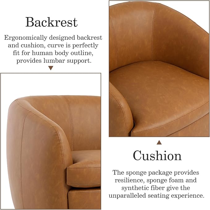 Swivel Barrel Accent Chair Comfy Modern Upholstered Round Faux Leather Reading Arm Chair for Living Room Bedroom (Light Brown Set of 2)