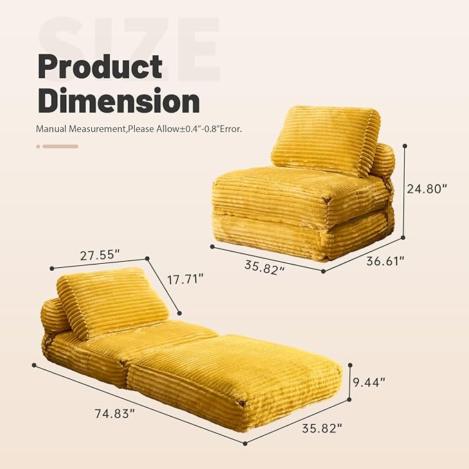 Folding Sofa Bed Convertible Sleeper Chair with Pillow Foldable Mattress Lounge Chair for Living Room Bedroom Portable Guest Bed Yellow