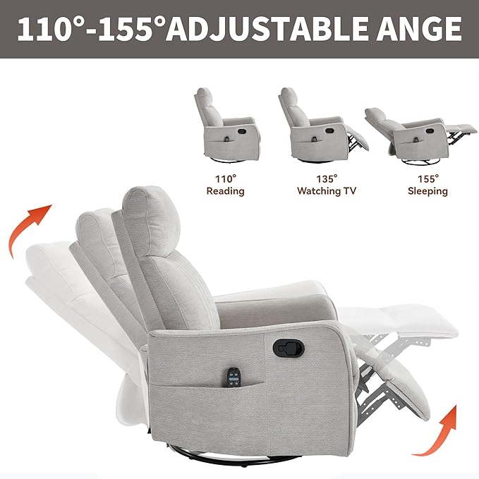 High Back Massage Recliner with Heat - Swivel Rocking Chair for Small Spaces Manual Lazy Boy Recliner for Adults Perfect for Living Room &amp Bedroom Soft Fabric (Light Gray)