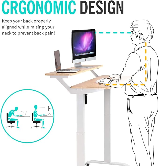 UNICOO Electric Height Adjustable 2-Tier Raising Desk with Wheels Mobile Standing Desk with Monitor Stand Ergonomic Adjustable Computer Table Electric Standing Game Table for Home Office