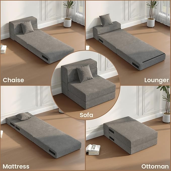 5-in-1 Convertible Folding Sofa Bed - Sleeper Chair with Pillow Fold Out Chair Bed Futon Couch Foldable Floor Mattress for Living Room/Dorm/Guest Use/Home Office/Apartment Single Dark Grey