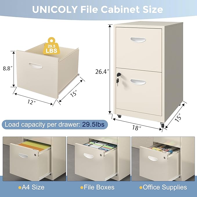 2 Drawer File Cabinet with Lock Metal File Cabinets for Home Office Under Desk Storage Printer Stand Office File Cabinets for Letters and File Boxes Assembly Required Cream