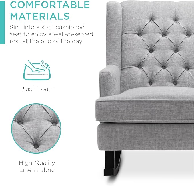 Best Choice Products Rocking Accent Chair Tufted Upholstered Luxury Velvet Wingback for Nursery Living Room Bedroom w/Wood Frame - Gray