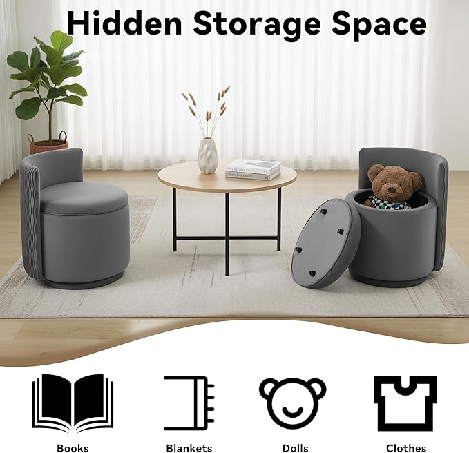 360° Velvet Vanity Chair with Storage Swivel Barrel Makeup Chair No Assembly Wave Back Vanity Stool Small Accent Chair for Living Room Grey