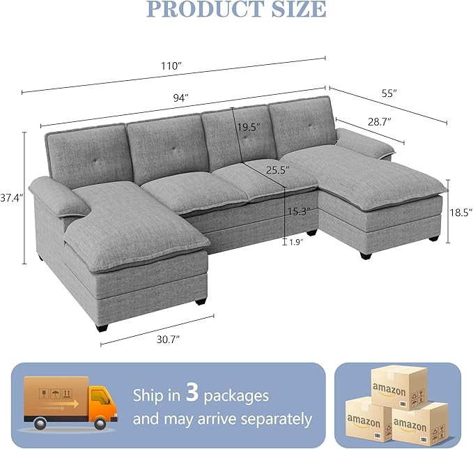 110 Sectional Couches for Living RoomU Shaped Big Sofa Couch with Double ChaiseModern 4 Seat Modular Sofa Couches with Thick Cushion &amp Soft BackrestNew Grey