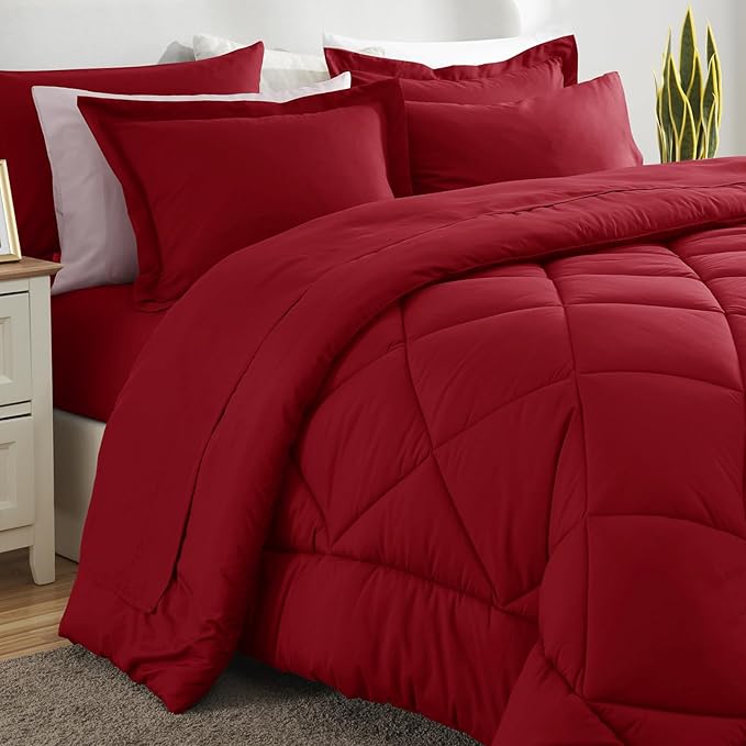 CozyLux Queen Comforter Set Dark Red - Bed in a Bag Queen Size 7 Pieces Luxury Soft Bed Set for All Seasons Bedding Set with Down Alternative Comforter Sheets Pillowcases &amp Shams