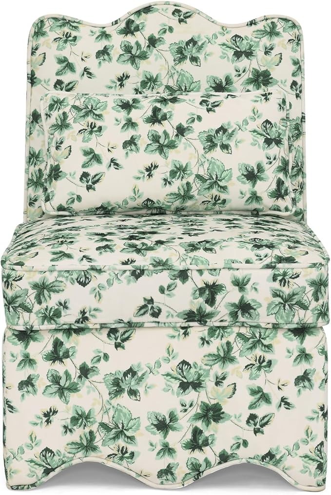 Polibi Retro Single Chair with Flower Pattern and Wave-Shape Edge Flannel Upholstered Armless Sofa Chair with Seat Cushion and Pillow for Living Room Bedroom Green Flower