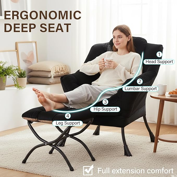 Welnow Lazy Chair with Ottoman Modern Accent Chair with Armrests and a Side Pocket Leisure Sofa Armchair Reading Armchair with Footrest for Small Space Black