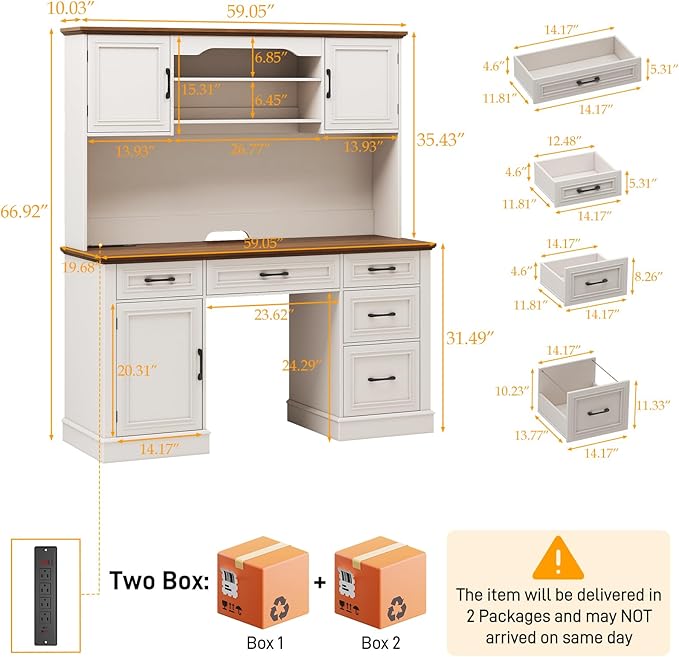 Vabches 67 H Farmhouse Executive Desk with Hutch.Wood Workstation with 5 DrawersStorage CabinetFile Drawers and Charging Station Ideal as Office DeskComputer Desk for Home Office Study(White